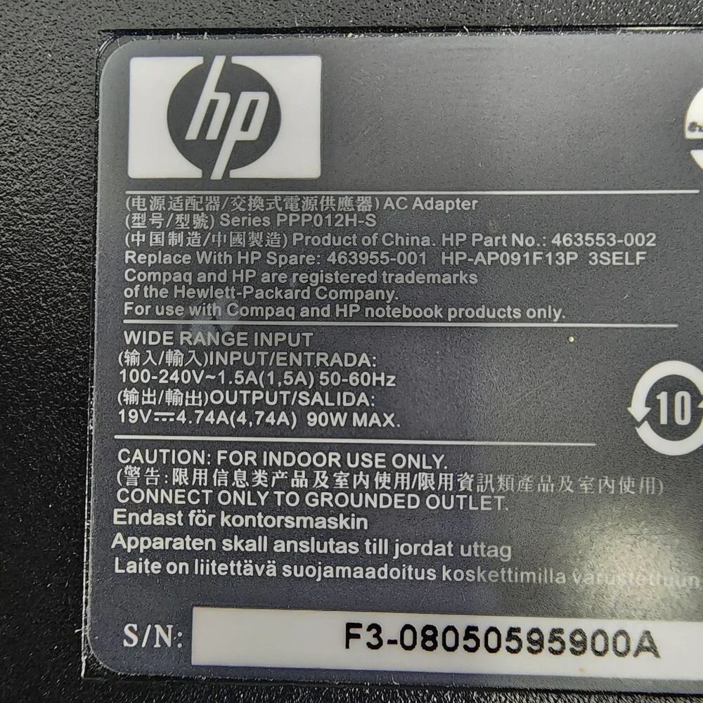 HP Laptop AC Adapter 90W 19V 4.74A Series PPP012H-S With Power Cord
